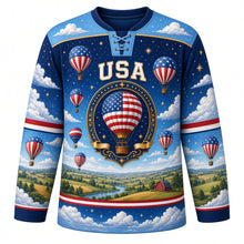Load image into Gallery viewer, USA Patriotic Liberty Balloon Skies Hockey Jersey in Starlit Navy, front view – stars-and-stripes hot-air balloons over rolling countryside, custom name and number