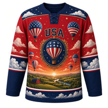 Load image into Gallery viewer, USA Patriotic Liberty Balloon Skies Hockey Jersey in Sunrise Red, front view – stars-and-stripes hot-air balloons over rolling countryside, custom name and number