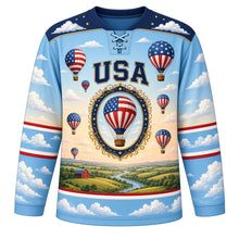 Load image into Gallery viewer, USA Patriotic Liberty Balloon Skies Hockey Jersey in Morning Sky Blue, front view – stars-and-stripes hot-air balloons over rolling countryside, custom name and number