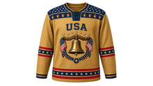 Load image into Gallery viewer, USA Patriotic Liberty Bell Crest Hockey Jersey in Brass Gold, front view – antique cracked bell on a wooden beam with stars and tricolor ribbon crest, starry yoke, custom name and number, custom name and number