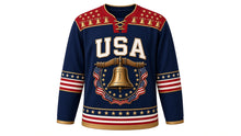 Load image into Gallery viewer, USA Patriotic Liberty Bell Crest Hockey Jersey in Liberty Navy, front view – antique cracked bell on a wooden beam with stars and tricolor ribbon crest, starry yoke, custom name and number, custom name and number