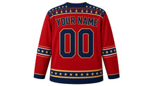 Load image into Gallery viewer, USA Patriotic Liberty Bell Crest Hockey Jersey in Bell Red, back view with your name and number – starry bell-and-ribbon yoke with ribbon sleeve bands and gold-edged hem band