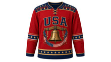 Load image into Gallery viewer, USA Patriotic Liberty Bell Crest Hockey Jersey in Bell Red, front view – antique cracked bell on a wooden beam with stars and tricolor ribbon crest, starry yoke, custom name and number, custom name and number