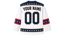Load image into Gallery viewer, USA Patriotic Liberty Bell Crest Hockey Jersey in Independence White, back view with your name and number – starry bell-and-ribbon yoke with ribbon sleeve bands and gold-edged hem band
