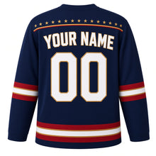 Load image into Gallery viewer, USA Patriotic Liberty Torch Flame Hockey Jersey in Torch Navy, back view with your name and number – rows of tiny gold stars on navy with a thin flame-orange pinstripe yoke with matching sleeve and hem bands