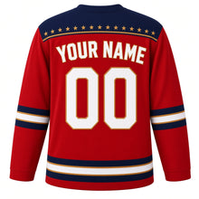 Load image into Gallery viewer, USA Patriotic Liberty Torch Flame Hockey Jersey in Flame Red, back view with your name and number – rows of tiny gold stars on navy with a thin flame-orange pinstripe yoke with matching sleeve and hem bands