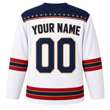 Load image into Gallery viewer, USA Patriotic Liberty Torch Flame Hockey Jersey in Liberty White, back view with your name and number – rows of tiny gold stars on navy with a thin flame-orange pinstripe yoke with matching sleeve and hem bands