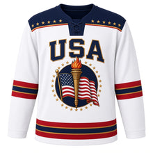 Load image into Gallery viewer, USA Patriotic Liberty Torch Flame Hockey Jersey in Liberty White, front view – gold liberty torch wrapped in a flowing American flag ribbon, custom name and number