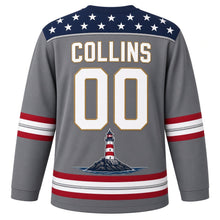 Load image into Gallery viewer, USA Patriotic Lighthouse Coast Beacon Hockey Jersey in Granite Shore Gray, back view with your name and number – yoke of small white stars on navy edged with a thin twisted-rope line, matching sleeve and hem stripes