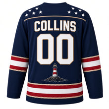 Load image into Gallery viewer, USA Patriotic Lighthouse Coast Beacon Hockey Jersey in Harbor Night Navy, back view with your name and number – yoke of small white stars on navy edged with a thin twisted-rope line, matching sleeve and hem stripes