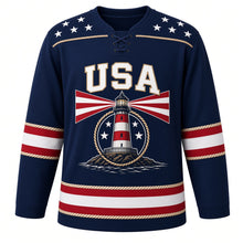 Load image into Gallery viewer, USA Patriotic Lighthouse Coast Beacon Hockey Jersey in Harbor Night Navy, front view – striped lighthouse on a rocky shoreline with a flag-stripe beam, custom name and number
