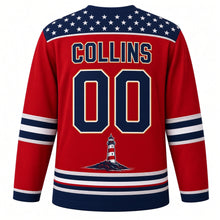 Load image into Gallery viewer, USA Patriotic Lighthouse Coast Beacon Hockey Jersey in Beacon Red, back view with your name and number – yoke of small white stars on navy edged with a thin twisted-rope line, matching sleeve and hem stripes