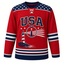 Load image into Gallery viewer, USA Patriotic Lighthouse Coast Beacon Hockey Jersey in Beacon Red, front view – striped lighthouse on a rocky shoreline with a flag-stripe beam, custom name and number