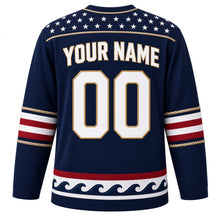 Load image into Gallery viewer, USA Patriotic Lighthouse Harbor Flag Hockey Jersey in Harbor Navy, back view with your name and number – navy with white stars and a rope-twist trim yoke with matching sleeve and hem bands