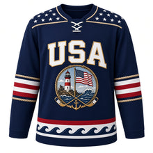 Load image into Gallery viewer, USA Patriotic Lighthouse Harbor Flag Hockey Jersey in Harbor Navy, front view – striped lighthouse flying the American flag inside a rope border, custom name and number