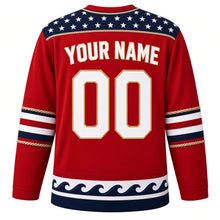 Load image into Gallery viewer, USA Patriotic Lighthouse Harbor Flag Hockey Jersey in Buoy Red, back view with your name and number – navy with white stars and a rope-twist trim yoke with matching sleeve and hem bands