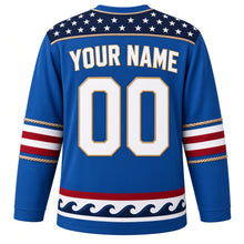 Load image into Gallery viewer, USA Patriotic Lighthouse Harbor Flag Hockey Jersey in Sea Blue, back view with your name and number – navy with white stars and a rope-twist trim yoke with matching sleeve and hem bands