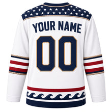 Load image into Gallery viewer, USA Patriotic Lighthouse Harbor Flag Hockey Jersey in Sailcloth White, back view with your name and number – navy with white stars and a rope-twist trim yoke with matching sleeve and hem bands