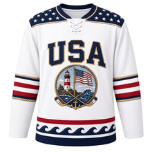 Load image into Gallery viewer, USA Patriotic Lighthouse Harbor Flag Hockey Jersey in Sailcloth White, front view – striped lighthouse flying the American flag inside a rope border, custom name and number