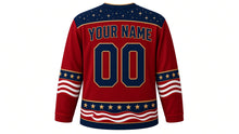 Load image into Gallery viewer, USA Patriotic Midnight Navy Stars Hockey Jersey in Crimson Night, back view with your name and number – dense starfield yoke with flowing flag-stripe ribbon sleeve and hem bands