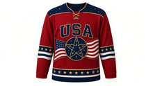 Load image into Gallery viewer, USA Patriotic Midnight Navy Stars Hockey Jersey in Crimson Night, front view – glowing constellation star with flag-stripe ribbons, starfield yoke, custom name and number, custom name and number