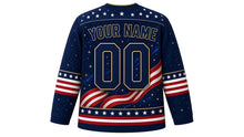 Load image into Gallery viewer, USA Patriotic Midnight Navy Stars Hockey Jersey in Cosmic Indigo, back view with your name and number – dense starfield yoke with flowing flag-stripe ribbon sleeve and hem bands