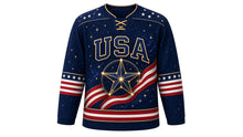 Load image into Gallery viewer, USA Patriotic Midnight Navy Stars Hockey Jersey in Cosmic Indigo, front view – glowing constellation star with flag-stripe ribbons, starfield yoke, custom name and number, custom name and number