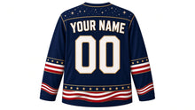 Load image into Gallery viewer, USA Patriotic Midnight Navy Stars Hockey Jersey in Midnight Navy, back view with your name and number – dense starfield yoke with flowing flag-stripe ribbon sleeve and hem bands