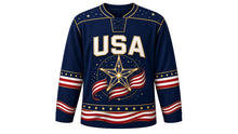 Load image into Gallery viewer, USA Patriotic Midnight Navy Stars Hockey Jersey in Midnight Navy, front view – glowing constellation star with flag-stripe ribbons, starfield yoke, custom name and number, custom name and number
