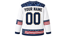 Load image into Gallery viewer, USA Patriotic Midnight Navy Stars Hockey Jersey in Moonlight White, back view with your name and number – dense starfield yoke with flowing flag-stripe ribbon sleeve and hem bands