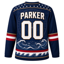 Load image into Gallery viewer, USA Patriotic Nautical Anchor Compass Hockey Jersey in Anchor Navy, back view with your name and number – a decorative yoke of tiny white stars on navy edged with a twisted rope border yoke, matching sleeve and hem bands