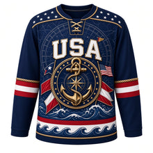 Load image into Gallery viewer, USA Patriotic Nautical Anchor Compass Hockey Jersey in Anchor Navy, front view – navy anchor wrapped in rope over a compass rose with flag pennants, custom name and number