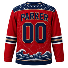Load image into Gallery viewer, USA Patriotic Nautical Anchor Compass Hockey Jersey in Signal Red, back view with your name and number – a decorative yoke of tiny white stars on navy edged with a twisted rope border yoke, matching sleeve and hem bands
