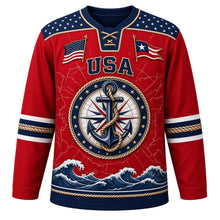 Load image into Gallery viewer, USA Patriotic Nautical Anchor Compass Hockey Jersey in Signal Red, front view – navy anchor wrapped in rope over a compass rose with flag pennants, custom name and number