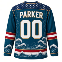 Load image into Gallery viewer, USA Patriotic Nautical Anchor Compass Hockey Jersey in Deep Sea Teal, back view with your name and number – a decorative yoke of tiny white stars on navy edged with a twisted rope border yoke, matching sleeve and hem bands