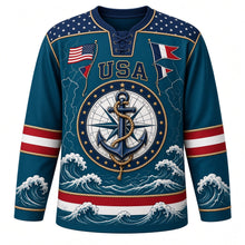 Load image into Gallery viewer, USA Patriotic Nautical Anchor Compass Hockey Jersey in Deep Sea Teal, front view – navy anchor wrapped in rope over a compass rose with flag pennants, custom name and number