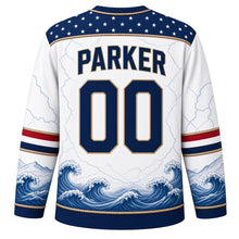 Load image into Gallery viewer, USA Patriotic Nautical Anchor Compass Hockey Jersey in Seafoam White, back view with your name and number – a decorative yoke of tiny white stars on navy edged with a twisted rope border yoke, matching sleeve and hem bands