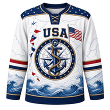 Load image into Gallery viewer, USA Patriotic Nautical Anchor Compass Hockey Jersey in Seafoam White, front view – navy anchor wrapped in rope over a compass rose with flag pennants, custom name and number