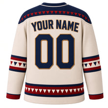 Load image into Gallery viewer, USA Patriotic Retro Pennant Flags Hockey Jersey in Felt Cream, back view with your name and number – felt-texture stripes with tiny triangular pennants yoke with matching sleeve and hem bands