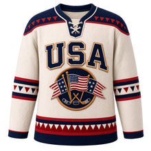 Load image into Gallery viewer, USA Patriotic Retro Pennant Flags Hockey Jersey in Felt Cream, front view – crossed retro felt stars and stripes pennants with stick and puck, custom name and number