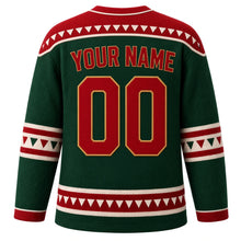 Load image into Gallery viewer, USA Patriotic Retro Pennant Flags Hockey Jersey in Rink Green, back view with your name and number – felt-texture stripes with tiny triangular pennants yoke with matching sleeve and hem bands