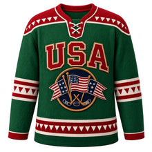 Load image into Gallery viewer, USA Patriotic Retro Pennant Flags Hockey Jersey in Rink Green, front view – crossed retro felt stars and stripes pennants with stick and puck, custom name and number