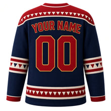 Load image into Gallery viewer, USA Patriotic Retro Pennant Flags Hockey Jersey in Felt Navy, back view with your name and number – felt-texture stripes with tiny triangular pennants yoke with matching sleeve and hem bands