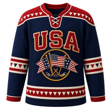 Load image into Gallery viewer, USA Patriotic Retro Pennant Flags Hockey Jersey in Felt Navy, front view – crossed retro felt stars and stripes pennants with stick and puck, custom name and number