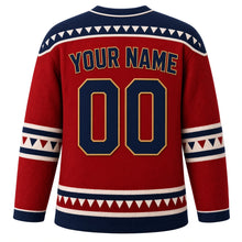 Load image into Gallery viewer, USA Patriotic Retro Pennant Flags Hockey Jersey in Felt Red, back view with your name and number – felt-texture stripes with tiny triangular pennants yoke with matching sleeve and hem bands