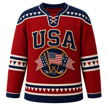Load image into Gallery viewer, USA Patriotic Retro Pennant Flags Hockey Jersey in Felt Red, front view – crossed retro felt stars and stripes pennants with stick and puck, custom name and number