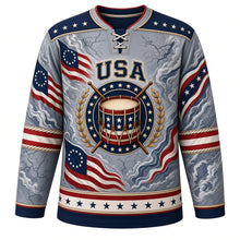 Load image into Gallery viewer, USA Patriotic Revolutionary Drum Corps Hockey Jersey in Powder Gray, front view – antique colonial snare drum with crossed drumsticks and 13-star flag ribbons, custom name and number