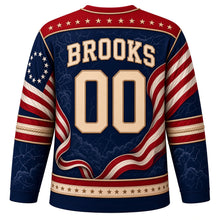 Load image into Gallery viewer, USA Patriotic Revolutionary Drum Corps Hockey Jersey in Minuteman Navy, back view with your name and number – a decorative yoke of tiny parchment-colored stars on navy with a fine rope-cord border yoke, matching sleeve and hem bands