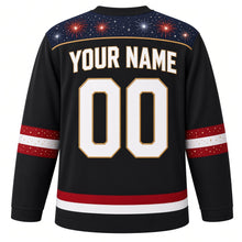 Load image into Gallery viewer, USA Patriotic Rink Fireworks Night Hockey Jersey in Night Black, back view with your name and number – a starry navy night with small firework bursts yoke with matching sleeve and hem bands