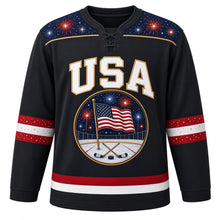 Load image into Gallery viewer, USA Patriotic Rink Fireworks Night Hockey Jersey in Night Black, front view – American flag over a frozen rink with bursting fireworks, custom name and number